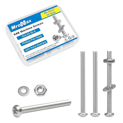 16 Sets #8-32 x 2 Pan Head Machine Screws Nuts Washers Assortment Kit - size: #8-32 x 2"