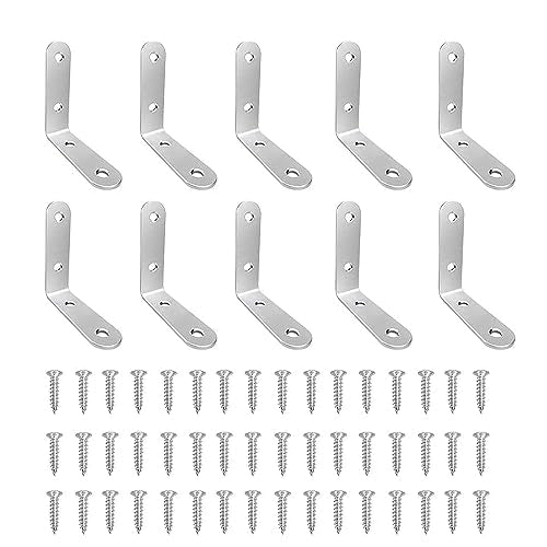 10Pcs L Brackets Corner Brace, Heavy Duty Tiny Brackets, Stainless Steel Right Angle Brackets, 50mmx50mm Joint Right Angle Bracket Fastener for Wood Shelves Dressers Chairs with 40PCS Screws(2"x2") - size: 50x50x16mm（2"x2"x0.63"）