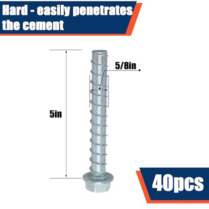 Tandefio 40 Pack 5/8 x 5 Concrete Anchors and Screw Kits Galvanized - size: 5/8" X 5"