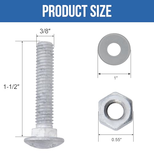 3/8" x 1-1/2" Carriage Bolts (50 PCS), Hot Dip Galvanized, Heavy Duty Round Head with Washers and Nuts - size: 3/8" x 1-1/2"