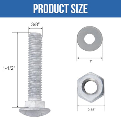 3/8" x 1-1/2" Carriage Bolts (50 PCS), Hot Dip Galvanized, Heavy Duty Round Head with Washers and Nuts - size: 3/8" x 1-1/2"