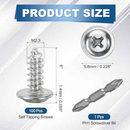 100pcs M2.3x6 Self Tapping Screws Carbon Steel Silver - size: M2.3x6