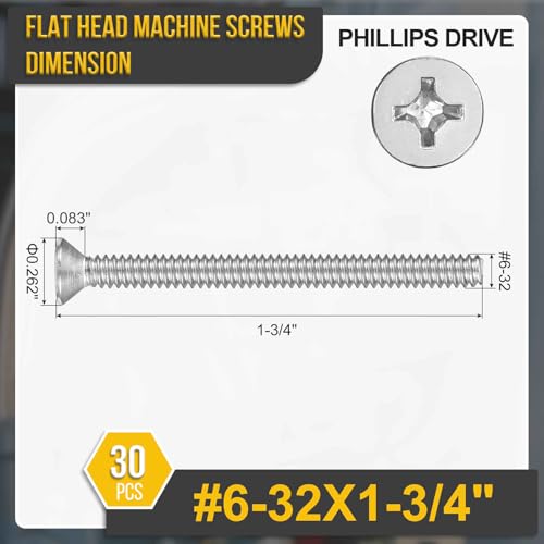 DTGN #6-32x1-3/4 Phillips Flat Head Machine Screw 304 Silver 30pcs - color: Silver, size: #6-32x1-3/4"