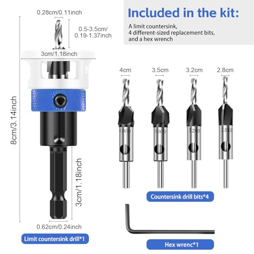 Countersink Drill Bit Set with Depth Stop 4PCS - color: White