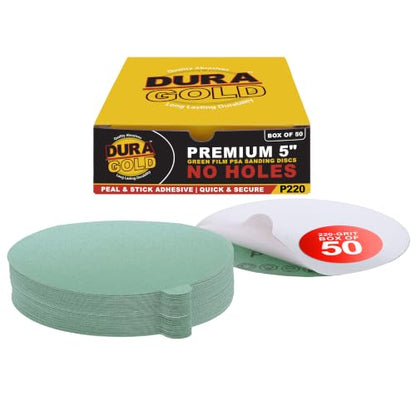 Dura-Gold Premium 5" Green Film PSA Sanding Discs - 220 Grit (Box of 50) - size: 220-Grit