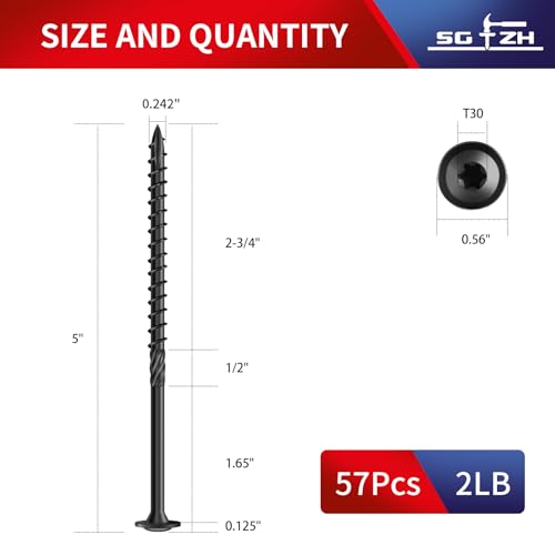 #14 x 5 Inch Lag Screws (57Pcs) 2lb. Structural Wood Screw, Black, Carbon Steel, Washer Head, Rust Resistant epoxy Coated, T30 Star Bit - color: Black, size: #14 x 5"