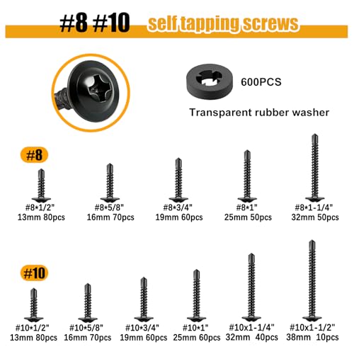 weideer 1220pcs Self Tapping Screws for Metal, 410 Stainless Steel,#8#10 - size: BK 1220PCS #8#10 Kit