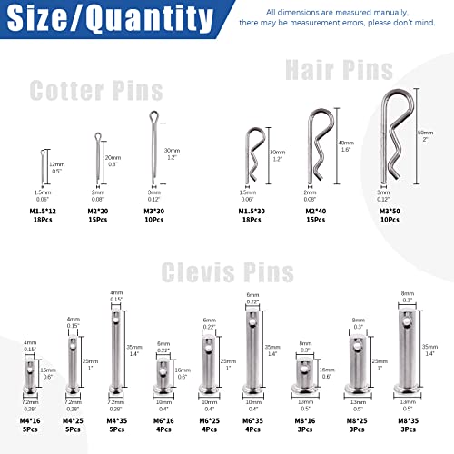 Glarks 122Pcs 4 Styles Clevis Pin/Cotter Pin/Hair Pin/Dowel Pin Assortment Set, 15 Size 304 Stainless Steel Pin Fasteners for Automotive, Mechanics, Cars, Trucks, Lawn Mower Use