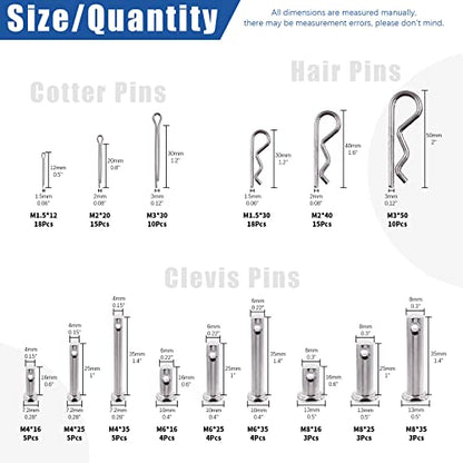 Glarks 122Pcs 4 Styles Clevis Pin/Cotter Pin/Hair Pin/Dowel Pin Assortment Set, 15 Size 304 Stainless Steel Pin Fasteners for Automotive, Mechanics, Cars, Trucks, Lawn Mower Use