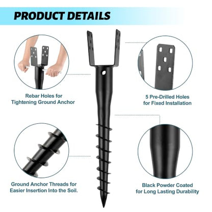 No Dig Ground Screw Anchor - Black U Shaped Post Stake for 4x4 Wood Posts, Includes Lag Bolts & 27" Rebar, for Mailbox Posts and Fence Posts Anchor, 4 Pack - size: 27"(4 Pack)