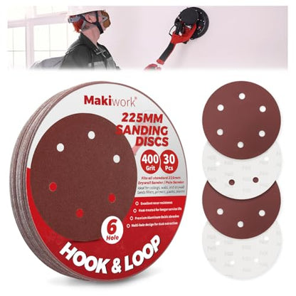 30PCS 9-Inch 6-Hole 400 Grit Hook & Loop Sanding Discs – Heavy-Duty Aluminum Oxide Sandpaper for Drywall Sander, Paint Removal, Wood & Metal Surface Prep - style: 6 Hole