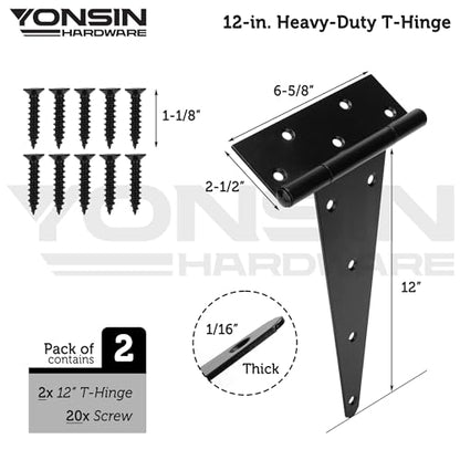 Heavy Duty T-Strap Shed Door Hinges, 12", Black, 2mm Thick - size: 12 Inch
