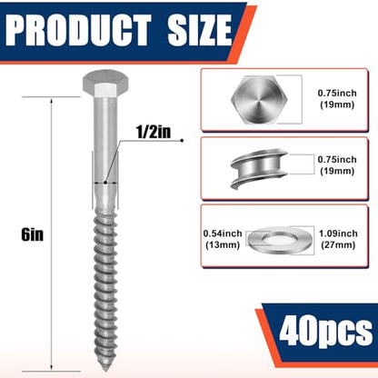 40 Pack 1/2'' x 6'' 304 Stainless Steel Lag Bolts Screw Kit with Washers Hex Lag Bolts Heavy Duty Wood Screws for Wood Decks Fences - size: 1/2'' x 6''