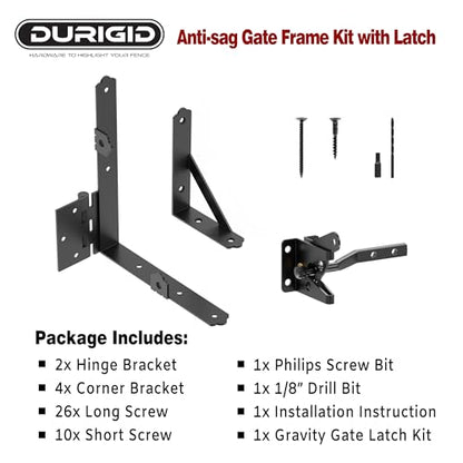 Wood Fence Gate Kit Gate Kits, Gate Frame Kit with Gravity Gate Latch, Wood Gate Hardware, Heavy Duty Fence Gate Kit with Corner Brace Brackets, Gate Kit for Wooden Fence, Black, 1 Set