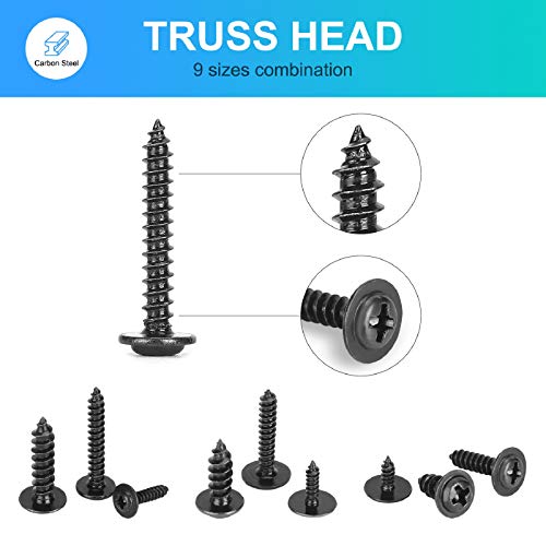 540pcs M2.3 M3 M4 Phillips Truss Head Tapping Screw Wafer Head with Washer, Self Tapping Screw Assortment Kit, Black Carbon Steel. - color: Black