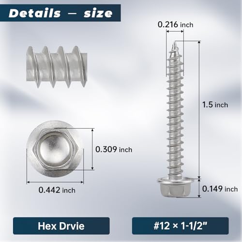 #12 x 1-1/2" Flanged Hex Head Fiberboard Wood Screws 50-Pack, 410 Stainless Steel Rust-Resistant Screws for Furniture & Wood Working Projects, Hex Bit Included - size: #12 x 1-1/2