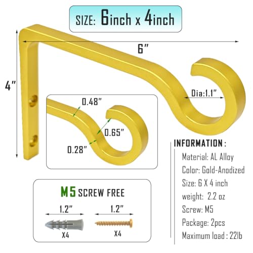 QIEGL 6inch Al-Alloy Hanging Plant Bracket Gold-Anodized 2 Pack - color: Gold Anodized, size: 6in Aluminum Alloy