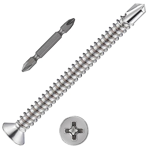 Wensilon（150pcs）#8×2”for Sheet Metal Self-Tapping Screws 410 Stainless Steel Flat Head High-Strength Quick self-Drilling Screws - color: Silver, size: #8X2"