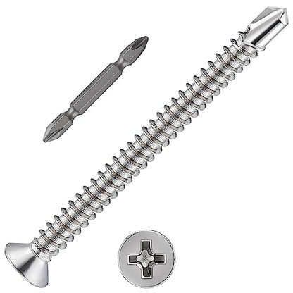 Wensilon（150pcs）#8×2”for Sheet Metal Self-Tapping Screws 410 Stainless Steel Flat Head High-Strength Quick self-Drilling Screws - color: Silver, size: #8X2"