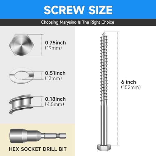 (4-Set) 1/2 x 6 Lag Screws, Stainless Steel Heavy Duty Hex Head Lag Bolts for Wood, Commercial/Industrial Grade 1/4 Bolts, Mounting Screws Bolts Kit, Bright Finish by Marysino - color: Silver, size: 1/2 x 6"