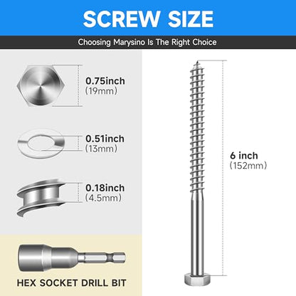 (4-Set) 1/2 x 6 Lag Screws, Stainless Steel Heavy Duty Hex Head Lag Bolts for Wood, Commercial/Industrial Grade 1/4 Bolts, Mounting Screws Bolts Kit, Bright Finish by Marysino - color: Silver, size: 1/2 x 6"