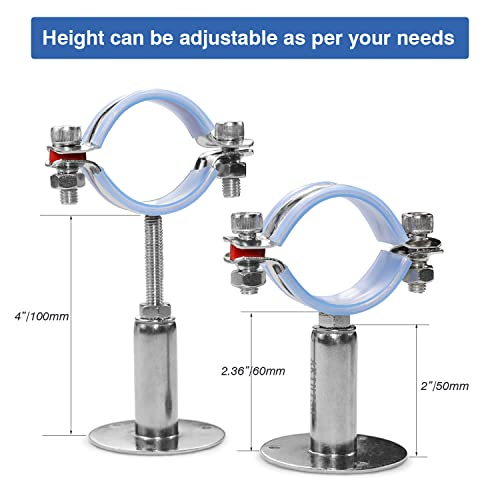 AKIHISA 2 Pcs 304 Stainless Steel Pipe Supports, Wall Mount Ceiling Mount Pipe Hanger, Pipe Holder for OD Pipe 60-65MM Adjustable Height Range 50-100mm - size: 60-65mm, style: Adjustable Height 50-100mm