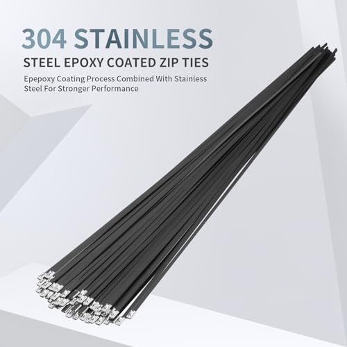 Armpow Metal Zip Ties Black 18 inch 290LB 50pcs Heavy Duty 304 Stainless Steel Epoxy Coated Locking Cable Exhaust Wrap Multi Purpose Binding for Machinery, Vehicles, Farms, Cables, Pipes,Fence - size: 18 inch