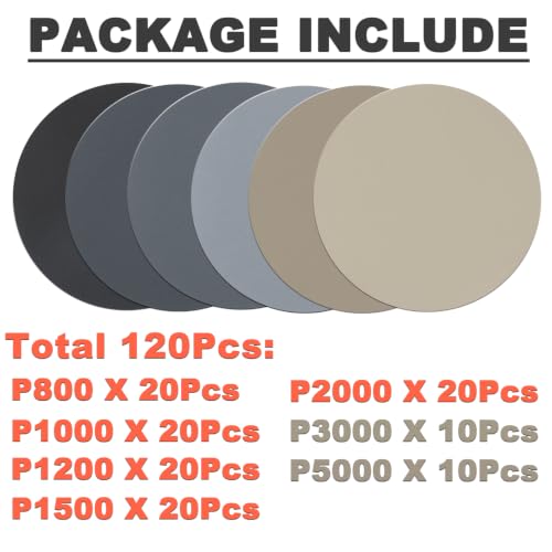 5 Inch Wet Dry No-Hole Sanding Discs, 120Pcs, 800-5000 Assorted Grit