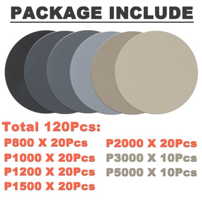 5 Inch Wet Dry No-Hole Sanding Discs, 120Pcs, 800-5000 Assorted Grit