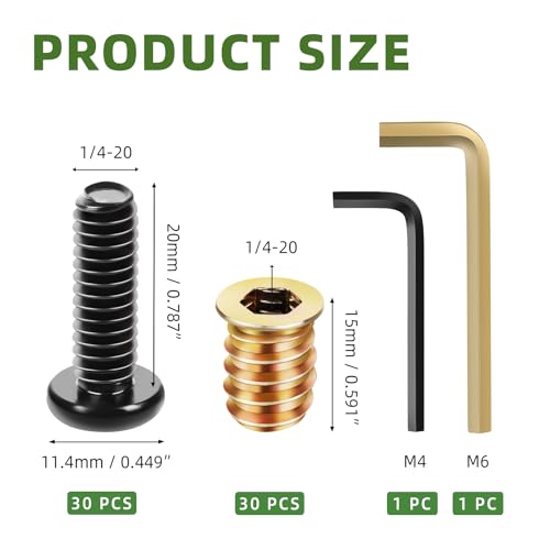 1/4-20 (30 Sets) Furniture Bolts and Nuts Assortment Kit, 3/4" Furniture Screws and 19/32" Threaded Insert Nuts with Allen Wrenches, Screw-in Nuts for Wood Furniture Assembly Connector - size: M6 x 20mm
