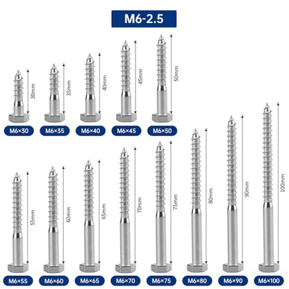 16-Sets M6 x 60mm Hex Head Lag Screws Bolts with Flat Washers, 304 Stainless Steel (18/8), Partial Thread, Heavy Duty Hex Head Lag Deck/Wood Screws - size: M6 x 60mm