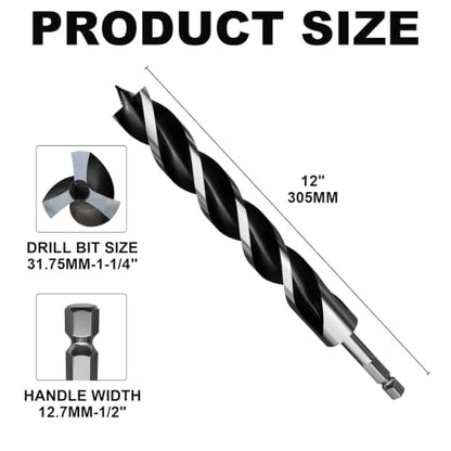 1-1/4"×12" Professional Auger Drill Bit for Wood with Quick Change 1/2" Hex Shank- 3-Cutter Design with Dual-Flute for Fast Chip Removal, Fits Hardwood, Softwood, PVC, Drywall & Tree Stumps - size: 1-1/4"×12"