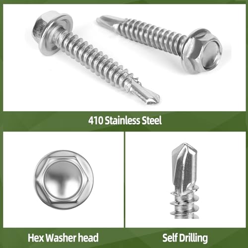 #12 x 1 (150 PCS) Sheet Metal Screws, Hex Washer Head Self Drilling Screw, 410 Stainless Steel Flanged Fast Self Tapping Screws - size: #12 x 1"