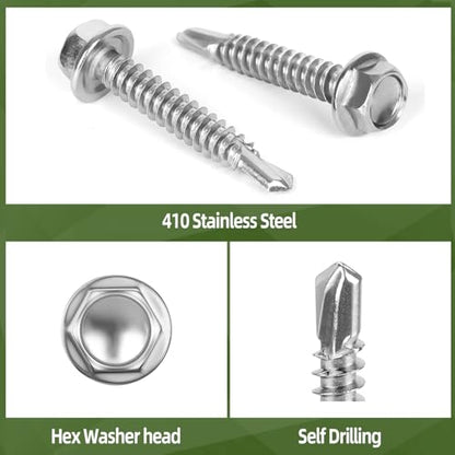 #12 x 1 (150 PCS) Sheet Metal Screws, Hex Washer Head Self Drilling Screw, 410 Stainless Steel Flanged Fast Self Tapping Screws - size: #12 x 1"
