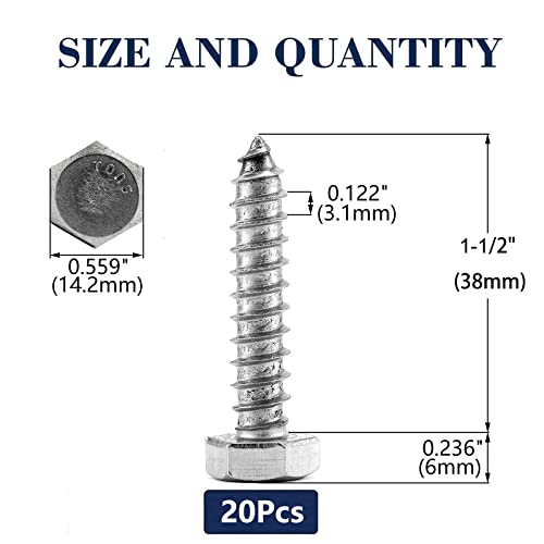 3/8" x 1-1/2" Hex Head Lag Screws Bolts 20Pcs 304 Stainless Steel 18-8, Partial Thread, Hexagon Head Wood Screws by SG TZH - size: 3/8-16 x 1-1/2"