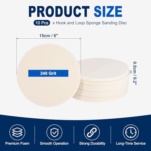 10Pcs 6 Inch Hook and Loop Sponge Sanding Disc, 240 Grit - size: 6 Inch 240 Grit