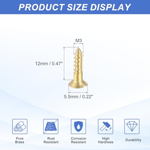 MECCANIXITY 20 Pcs Brass Screws, M3 x 12mm Solid Slotted Drive Flat Head Self-Tapping Wood Screw Fasteners for Woodworking Furniture Repair Photo Frame Drywall Home Appliances, Gold - size: M3 x 12mm