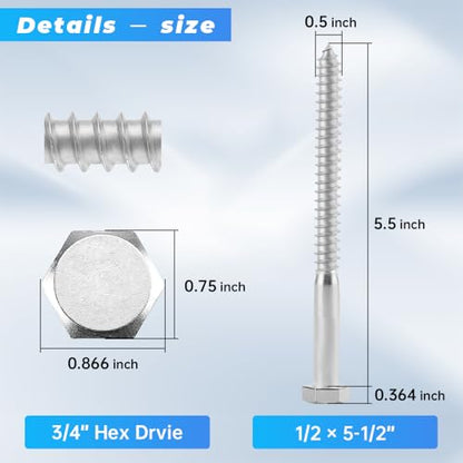 Glvaner (4 pcs) 1/2" x 5-1/2" Stainless Steel Hex Head Lag Bolts, Hexagonal Head Lag Screws, 304 Stainless Steel 18-8, Secure Hold for Wood - size: 1/2 x 5-1/2"
