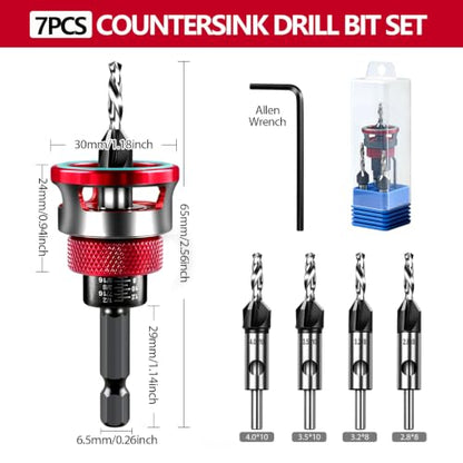 Countersink Drill Bit Set, 4PCS HSS Cutters and Depth Stop for Wood