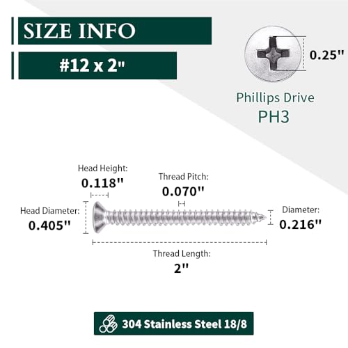 #12 x 2 (25 pcs) Flat Head Sheet Metal Screws, 304 Stainless Steel (18-8), Phillips Drive, Self Tapping, Corrosion Resistant Screws for Wood, Sheet Metal and More - size: #12 x 2"