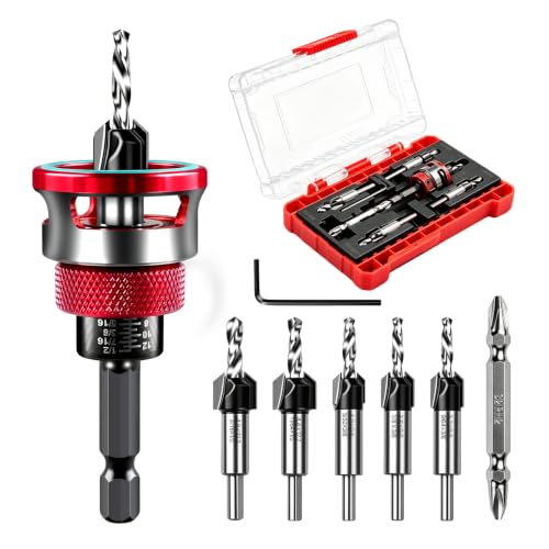 Countersink Drill Bit Set with Adjustable Depth Stop, 5PCS TCT Cutters - color: Red-9PCS