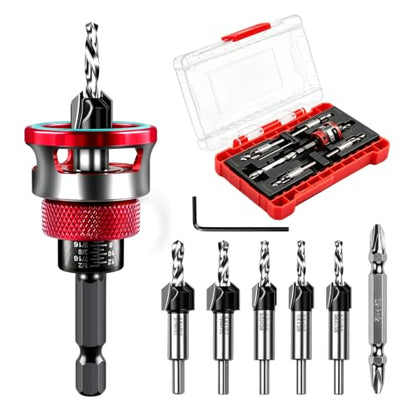 Countersink Drill Bit Set with Adjustable Depth Stop, 5PCS TCT Cutters - color: Red-9PCS