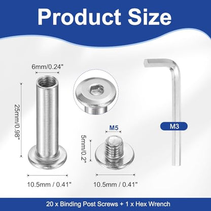 PATIKIL M5x5mm Hex Chicago Screws 6x25mm, 20Pcs 304 Stainless Steel Metric Hex Drive Socket Cap Binding Post Screw Posts for Scrapbook Leather Belt Album Furniture Repair, Silver - size: M5x5mm, 6x25mm