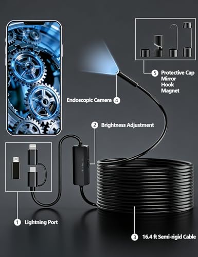 5.5mm Endoscope Camera, 1920P HD Borescope with 8 Adjustable LED Lights, Semi-Rigid Snake Cable, IP67 Waterproof, 16.4ft Single Lens for iOS & Android