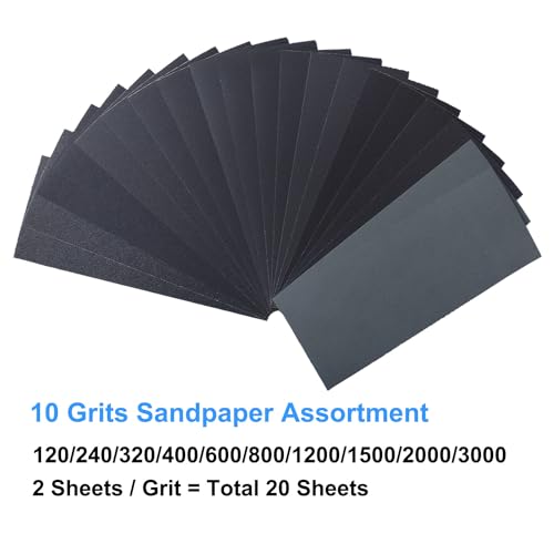 Sandpaper Variety Pack, 20PCS Sand Paper Assorted for Wood Metal Sanding, Wet Dry Sandpaper Sheets 120/240/320/400/600/800/1200/1500/2000/3000 Grits, 9 x 3.6 Inch - size: 9x3.6inch assorted grit