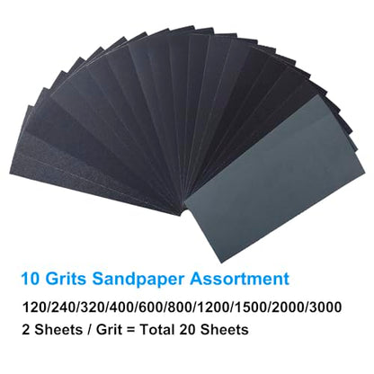 Sandpaper Variety Pack, 20PCS Sand Paper Assorted for Wood Metal Sanding, Wet Dry Sandpaper Sheets 120/240/320/400/600/800/1200/1500/2000/3000 Grits, 9 x 3.6 Inch - size: 9x3.6inch assorted grit