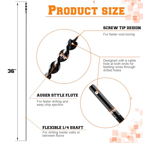 Lasnten 2 Pcs Flexible Drill Bit for Wire Pulling, 36" x 9/16" x 1/4" Long Auger Drill Bits with Fish Eye Hole and Screw Point, 3-Flat Anti-slip Shank Flex Bit for Wood Through Walls Ceilings Basement - size: 36 x 9/16 x 1/4 Inch