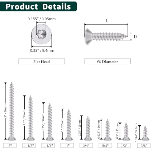 #8 x 3/8" Flat Head Torx Drive Self Tapping Screws for Wood and Sheet Metal, 304 Stainless Steel 18-8, Corrosion Resistant Countersunk Star Drive Head Screws, Pack of 100 - size: #8 x 3/8"