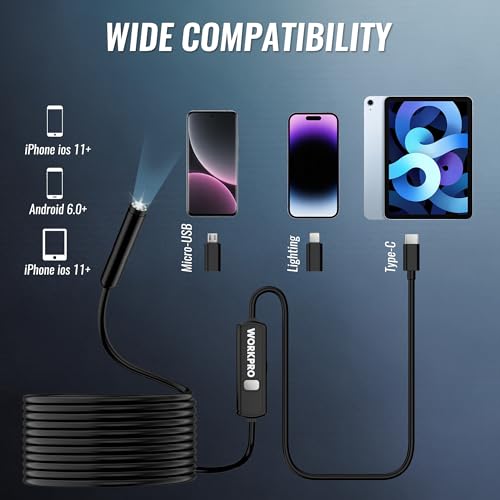 WORKPRO 1920P HD Endoscope Camera with Light, 16.4FT Semi-Rigid Borescope