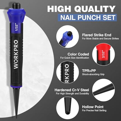WORKPRO 3-Piece Nail Punch Set, Includes 1/32", 1/16", 3/32" Nail Setter